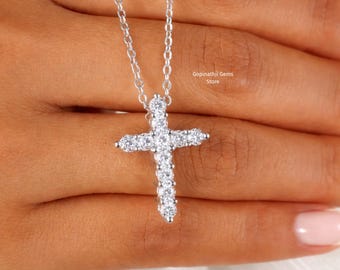 Lab Grown Diamond Cross Necklace | 14K White Gold Christian Pendant