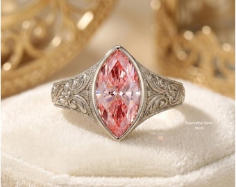 2ct Pink Marquise Lab Grown Diamond Ring | Vintage Engraved Engagement Ring | Anniversary Gift