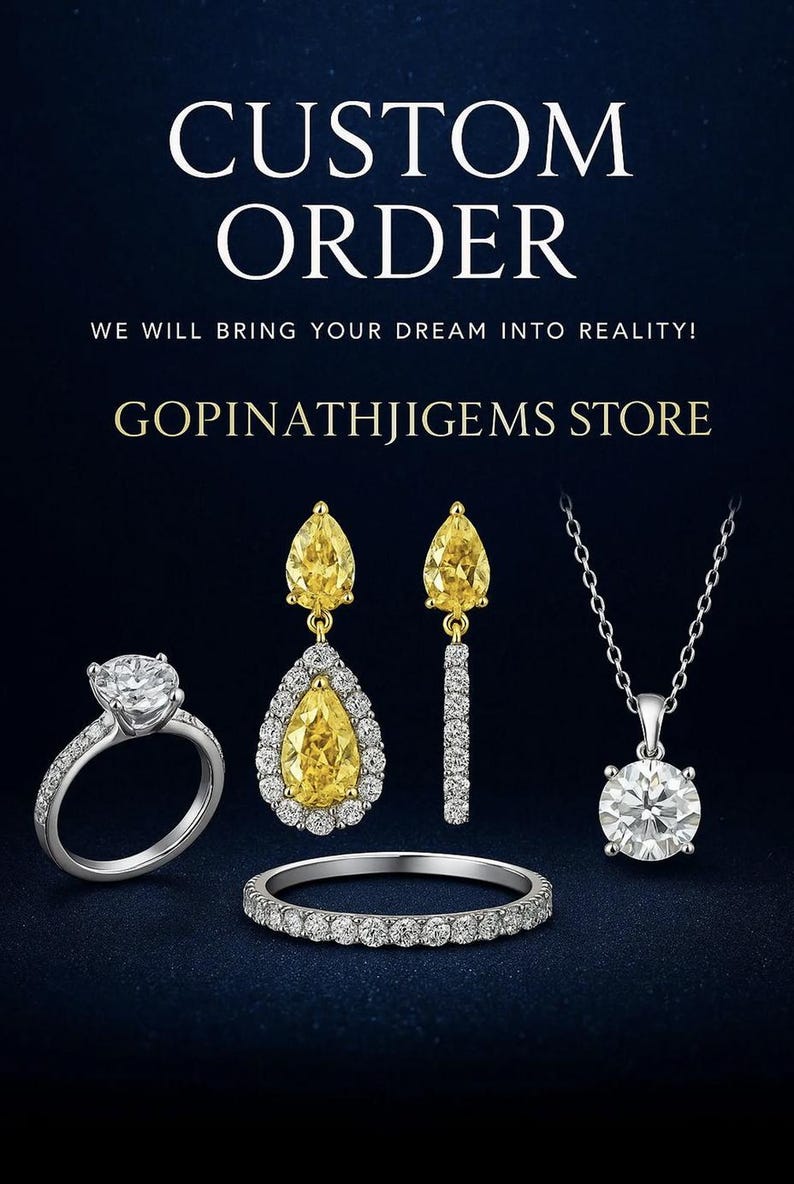 May include: An advertisement for custom jewelry. The image features a diamond ring, a diamond pendant necklace, a diamond band, and a pair of earrings with yellow and white gemstones. The text reads "CUSTOM ORDER" and "GOPINATHJIGEMS STORE."