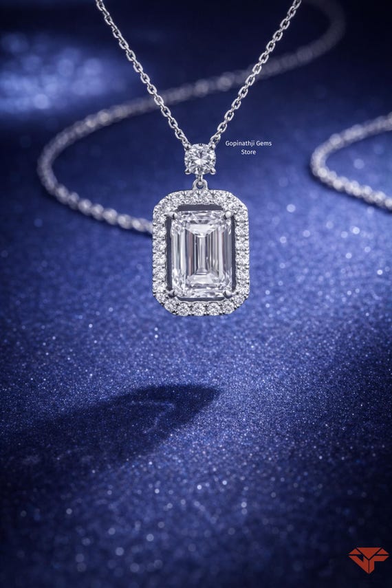 Emerald Cut Lab Grown Diamond Halo Pendant Necklace | White Gold Lab Diamond Necklace | Sustainable Fine Jewelry Gift for Her