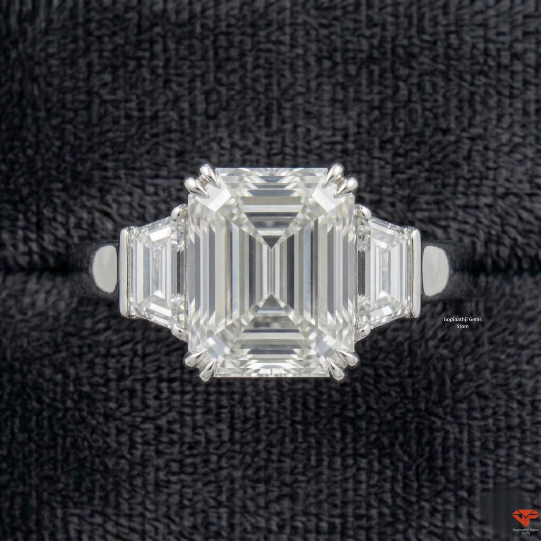 3CT Emerald Cut Lab Grown Diamond Ring | Three Stone Engagement Ring ...
