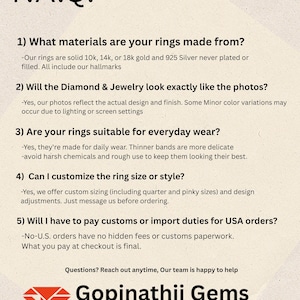 May include: An image with the text "F.A.Q." at the top, followed by a list of questions and answers about rings. The questions cover materials, appearance, everyday wear, customization, and customs duties. The Gopinathji Gems Store logo is at the bottom.