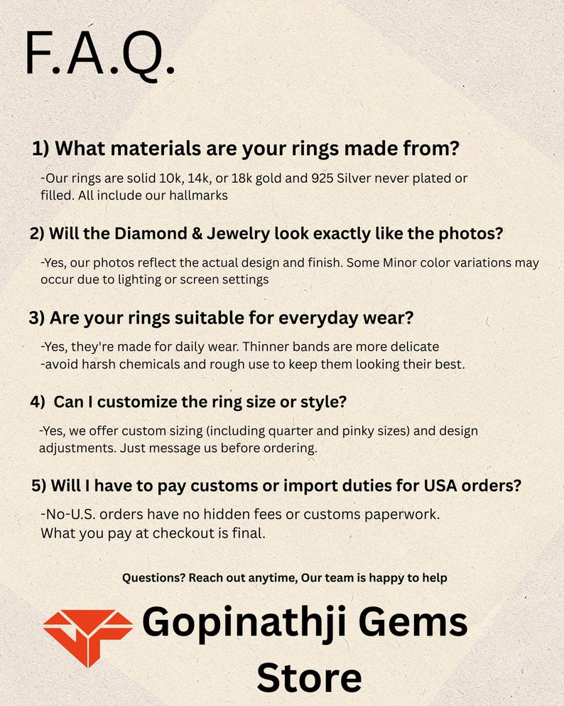 May include: An image with the text "F.A.Q." at the top, followed by a list of questions and answers about rings. The questions cover materials, appearance, everyday wear, customization, and customs duties. The Gopinathji Gems Store logo is at the bottom.