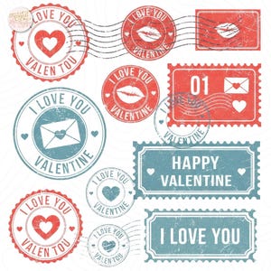 May include: A collection of Valentine's Day-themed stamps and seals in red and blue. Designs include hearts, lips, envelopes, and the phrases "I Love You" and "Happy Valentine". The stamps have a distressed, vintage look.