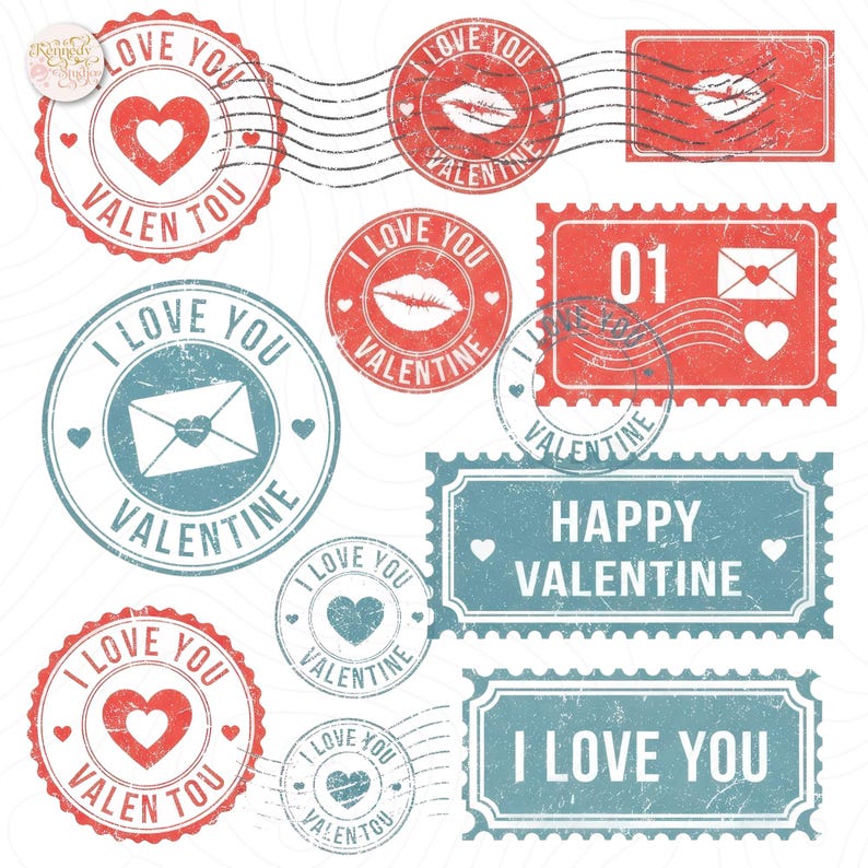 May include: A collection of Valentine's Day-themed stamps and seals in red and blue. Designs include hearts, lips, envelopes, and the phrases "I Love You" and "Happy Valentine". The stamps have a distressed, vintage look.