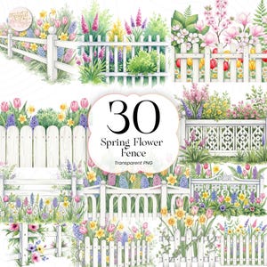 Może przedstawiać: Akwarelowe ilustracje białych płotów ozdobionych żywymi wiosennymi kwiatami. Obraz przedstawia różne projekty płotów z kolorowymi tulipanami, żonkilami i innymi kwiatami. Tekst brzmi "30 Spring Flower Fence Transparent PNG".
