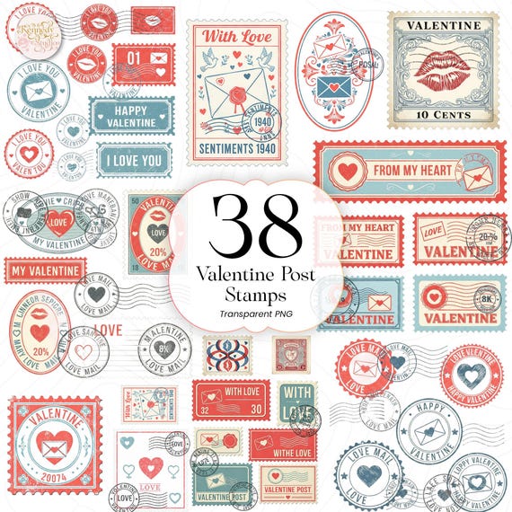 Valentine Postage Stamp PNG Clipart Set Vintage Romantic Love Design for Crafts VST01