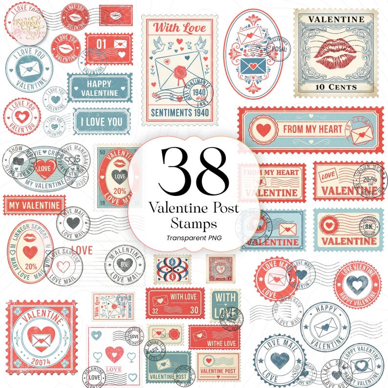 May include: A collection of 38 Valentine's Day-themed postage stamps in red, blue, and white. The stamps feature hearts, envelopes, and the words "Love" and "Valentine." Some stamps include the text "Happy Valentine" and "From My Heart."