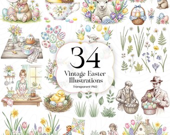 Paquete de ilustraciones PNG de Pascua vintage, descarga digital de primavera, VE01