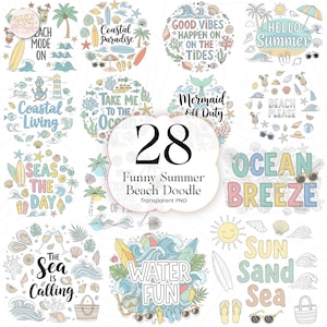 Paquete de imágenes prediseñadas PNG de dibujos divertidos de playa de verano, lindo diseño de vacaciones tropicales para manualidades de sublimación, uso comercial, FSBD01