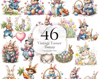Conejito de Pascua vintage PNG Clipart Ilustración de conejo retro Decoración de Pascua de primavera PNG, VEB01