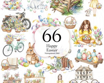 Frohe Ostern PNG Clipart Bündel, niedliches Häschen & Ei Design, Ostern Frühling Dekor, Kinder Basteln, HE001