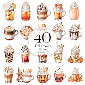 Höstdrycker Clipart PNG Akvarellpaket, Pumpa Kryddlatte Kaffe Höst Thanksgiving Mysig Design för Cricut Sublimering, FDCP01