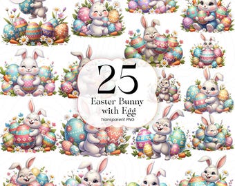 Conejito de Pascua con huevo PNG Clipart Lindo conejo Ilustración Pascua Primavera Niños EBR01