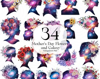 Flores galácticas para el Día de la Madre PNG Clipart Ramo floral acuarela Regalo para mamá Diseño de sublimación Descarga instantánea, MDGF01