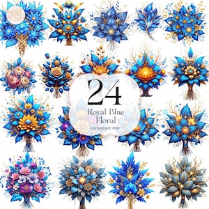 May include: A collection of 24 digital floral designs in shades of royal blue, gold, and other colors. The designs feature various flower arrangements and bouquets with intricate details. The text "24 Royal Blue Floral Transparent PNG" is included.
