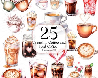 Coffee & Iced Coffee Watercolor PNG Clipart Drink Illustration Valentine’s Day for Coffee Lovers VCP001