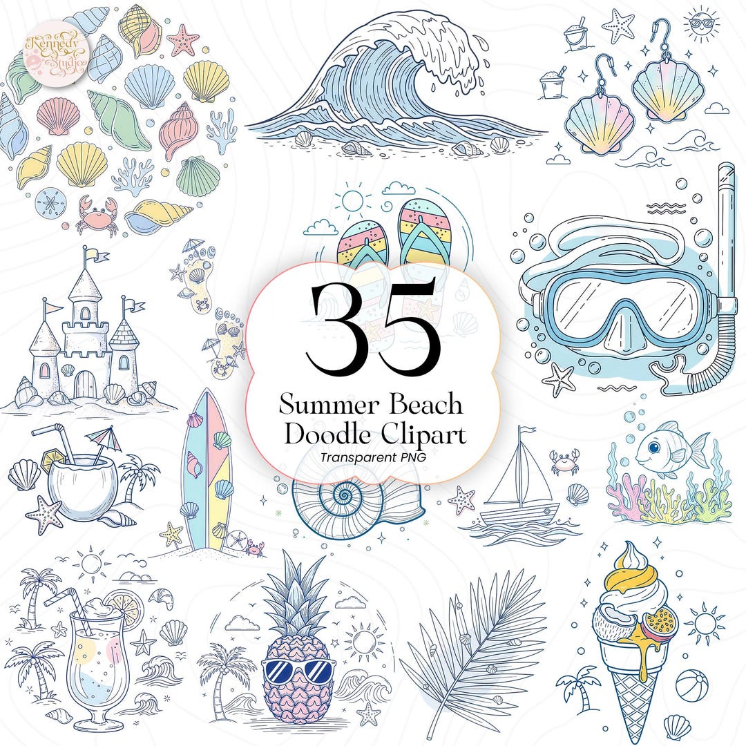 Summer Beach Doodle Clipart PNG, Hand Drawn Tropical Vacation Icons ...