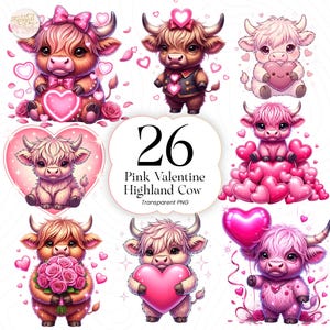 Pink Valentine Highland Cow PNG Clipart Cute Cow with Hearts Valentine’s Day Kids Couples VHC001