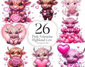 Pink Valentine Highland Cow PNG Clipart Cute Cow with Hearts Valentine’s Day Kids Couples VHC001