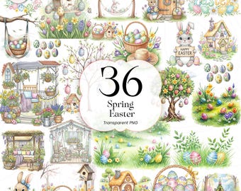 Paquete de imágenes PNG de Pascua de primavera: conejito de acuarela y huevos pastel, decoración para fiesta de Pascua, para Cricut, SE001