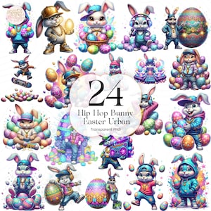 Op de afbeelding: Een verzameling van 24 digitale illustraties met antropomorfe konijnen in hiphopkleding, omringd door paaseieren. De tekst "Hip Hop Bunny Easter Urban" is te zien. De afbeeldingen zijn in een transparant PNG-formaat.
