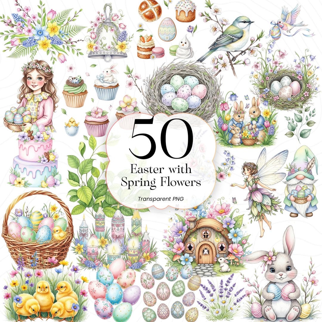 Watercolor Easter Bunny PNG Clipart, Spring Wildflowers Floral ...