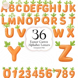 Pode incluir: Uma ilustração de 36 letras e números em forma de cenoura laranja, cada um com folhas verdes. A imagem inclui o texto "Easter Carrot Alphabet Letters Transparent PNG". As letras são de A a Z e os números de 0 a 9.