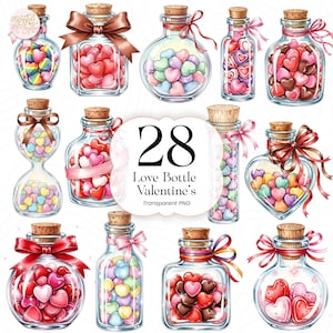 May include: A collection of watercolor illustrations featuring glass bottles filled with heart-shaped candies. Each bottle has a cork stopper and is adorned with ribbons. The bottles contain candies in various colors, including red, pink, and pastel hues. The text "28 Love Bottle Valentine's" is also present.