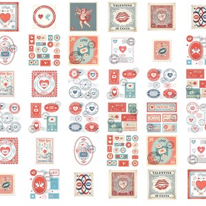 May include: A collection of vintage-style Valentine's Day stamps and stickers in red, blue, and white. Designs include hearts, Cupid, doves, lips, and envelopes. The stamps feature the word "LOVE" and other romantic sentiments.