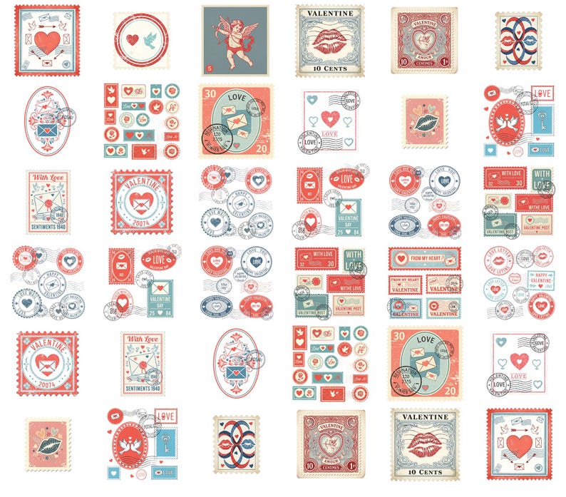 May include: A collection of vintage-style Valentine's Day stamps and stickers in red, blue, and white. Designs include hearts, Cupid, doves, lips, and envelopes. The stamps feature the word "LOVE" and other romantic sentiments.