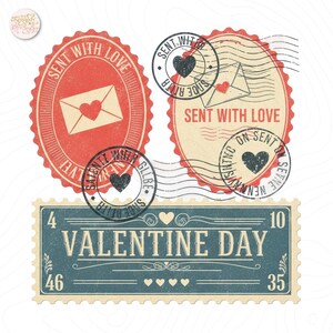 May include: Vintage Valentine's Day themed stamps in red, cream, and blue. The stamps feature hearts, envelopes, and the text "Sent With Love" and "Valentine Day". The design has a distressed, aged appearance.