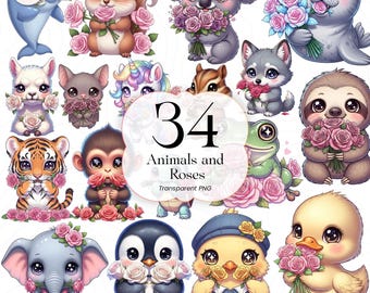 Imágenes prediseñadas de animales y rosas, ilustración floral de animales, arte floral romántico para diseñadores, AR01