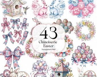 Chinoiserie Pascua PNG Clipart Azul Blanco Toile Conejito Primavera Diseño Elegante Decoración CSE01