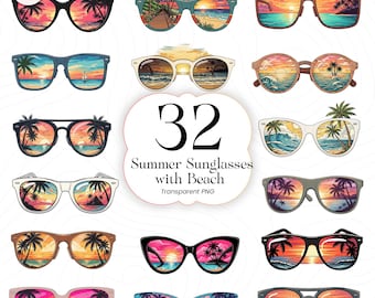 Gafas de sol de verano PNG Escena de playa Atardecer tropical Clipart Diseño de vacaciones de verano para camisetas Usuarios de Cricut, SSPB01