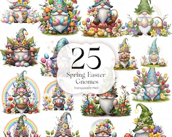 Spring Easter Gnomes PNG Clipart Bundle, Watercolor Bunny Gnome, Easter Eggs, Kids Party, GN01