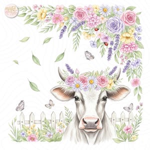 Floral Cute Cow Watercolor PNG Clipart Boho Farm Animal Illustration ...
