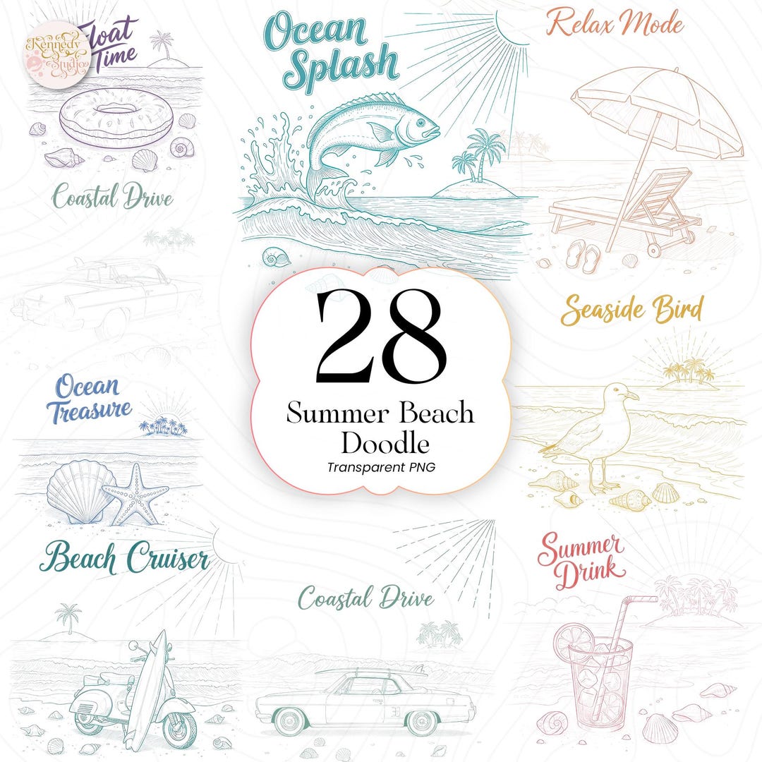 Summer Beach Doodle PNG Clipart Bundle, Hand Drawn Tropical Vacation ...