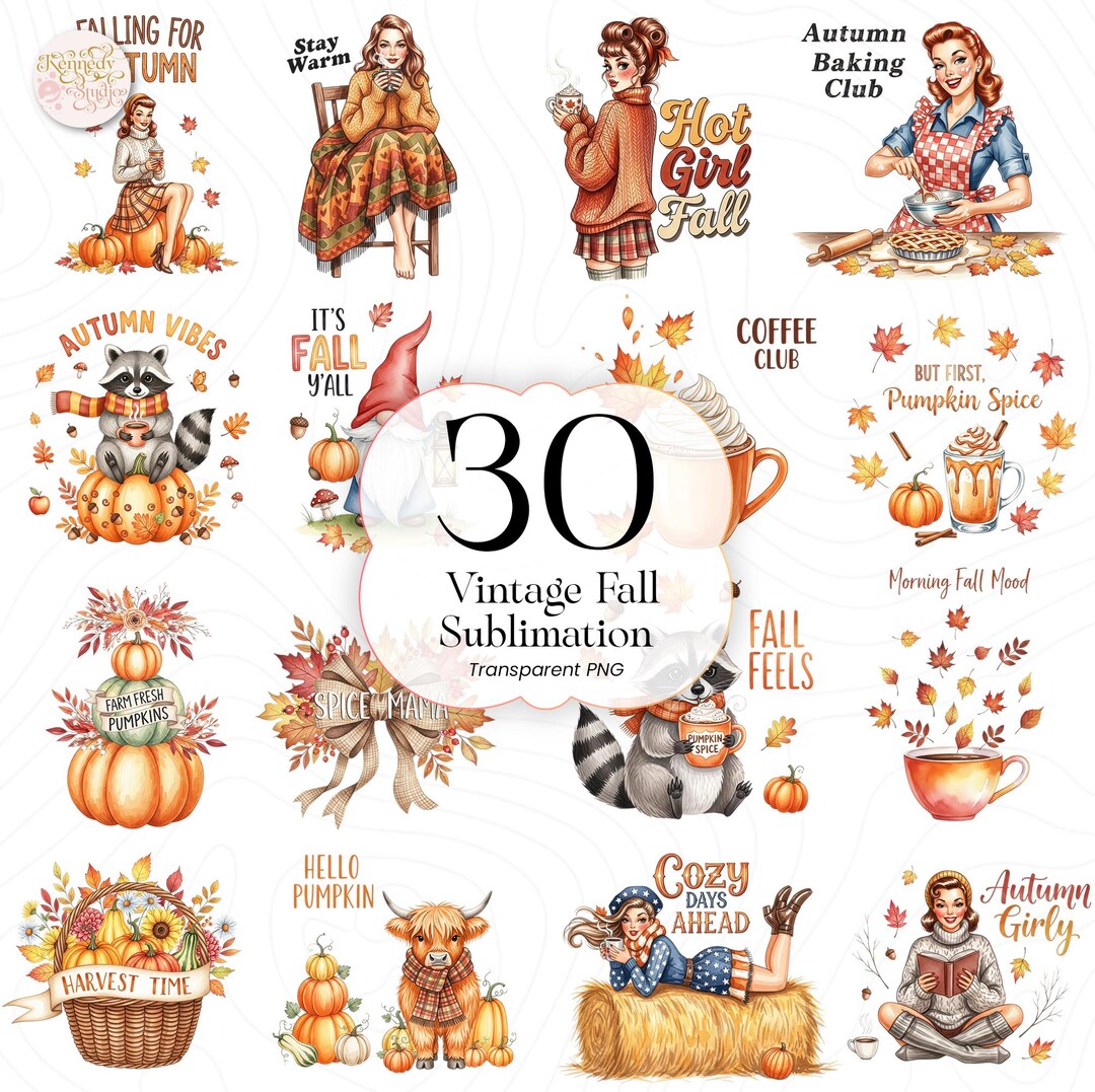 Vintage Fall Sublimation PNG Bundle Retro Autumn Pumpkin Clipart ...