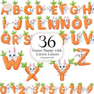 Könnte beinhalten: Eine Sammlung von Buchstaben und Zahlen in Form von orangefarbenen Karotten, jeweils mit einem niedlichen weißen Hasen. Das Bild enthält das Alphabet, die Zahlen 0-9 und die Zahl 36, mit dem Text "Easter Bunny with Carrot Letters".