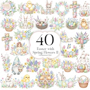 Könnte beinhalten: Eine Sammlung von 40 Aquarellillustrationen zum Thema Ostern. Die Bilder zeigen Hasen, Küken, Ostereier, Blumenkränze und einen Zwerg. Der Text lautet "Easter with Spring Flowers II". Die Illustrationen sind in Pastellfarben gehalten.