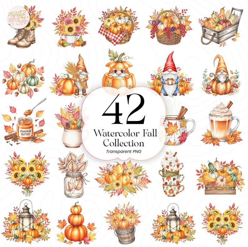 Watercolor Fall Clipart Bundle PNG Autumn Leaves Pumpkin Floral Cozy ...