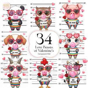 May include: A collection of 34 Valentine's Day-themed illustrations featuring various animals, including a panda, owl, pig, dog, sheep, goat, chicken, and cow. Each character wears heart-shaped glasses, blows a bubble, and holds a rose and a sign that says "BE MINE".
