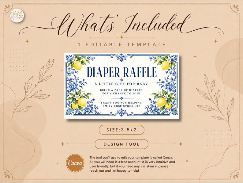Diaper Raffle Card Template, Elegant Lemon Baby Shower, Blue Floral ...