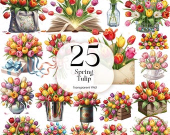 Paquete de imágenes prediseñadas de tulipanes de primavera, ramo floral vibrante para sublimación, diario basura y decoración de bodas, gráficos florales digitales, uso, T01