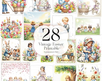 Conjunto de imágenes prediseñadas PNG de conejito de Pascua vintage, ilustración imprimible de Pascua de primavera para revistas de manualidades, VEB01