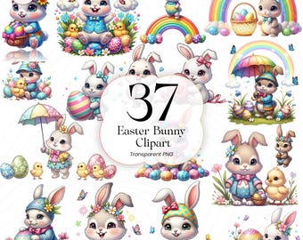 Conejito de Pascua PNG, Ilustración de conejo en acuarela, Decoración de primavera para Pascua, Niños y manualidades, EB001
