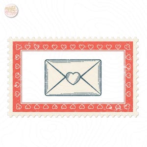 May include: A vintage-style postage stamp design featuring a cream-colored envelope with a heart in the center. The envelope is crossed with lines and framed by a red border adorned with hearts. The stamp has a distressed, aged appearance.