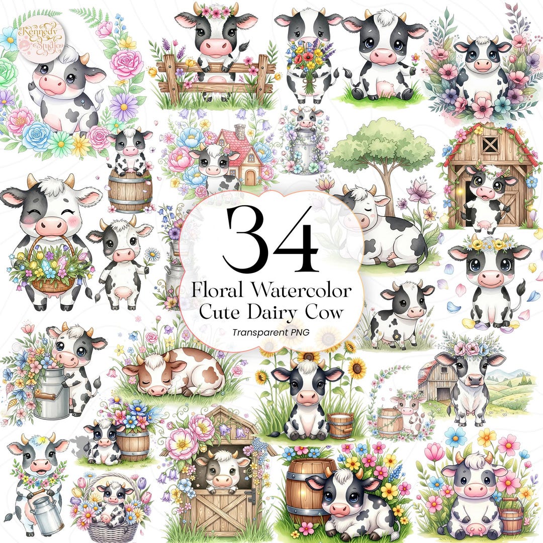 Cute Watercolor Dairy Cow PNG Clipart, Floral Heifer Flower Crown ...
