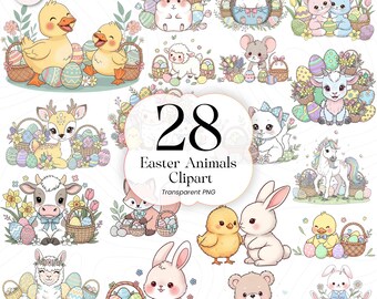 Ostern Tiere Clipart PNG, süßes Häschen-Küken Lamm, Pastell Frühling Ostern, Kinder Basteln & Sammelalbum, EA01